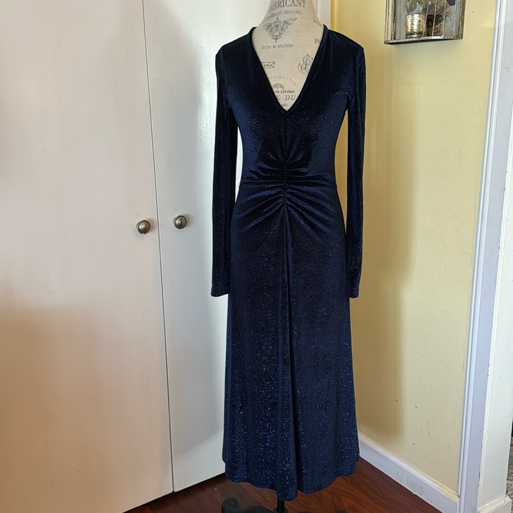 ROTATE Blue Velvet Sparkly V-neck dress with slit NWT